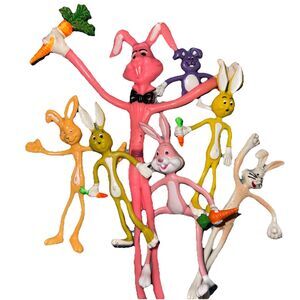 Bendable Easter Bunny Rabbit 5" Rubber Wire Toy 1980s Carrots Lot of 4 Vintage